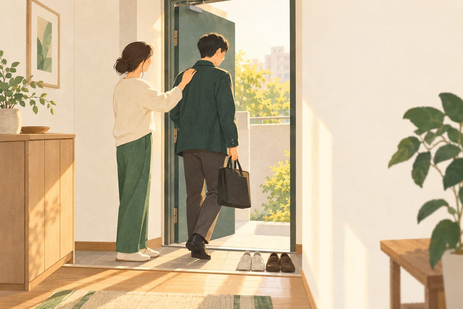현관 앞에서 출근하는 가족의 어깨를 토닥여 주는 손