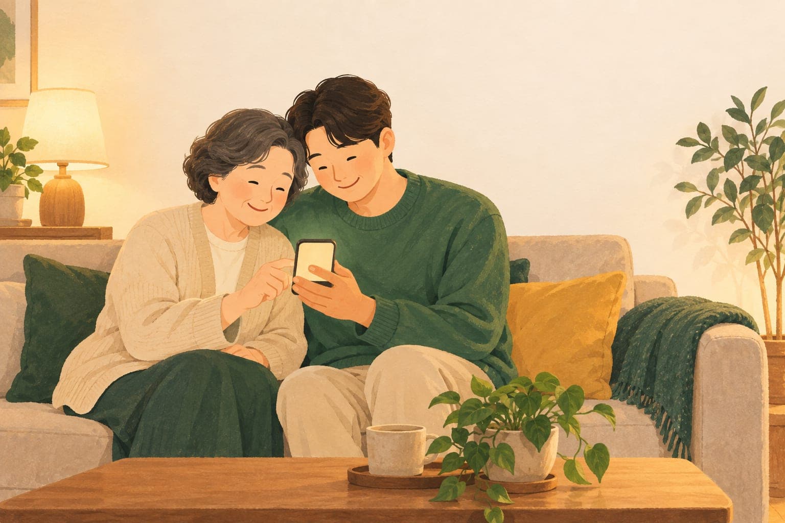 거실에서 가족이 휴대폰을 함께 보며 웃는 모습