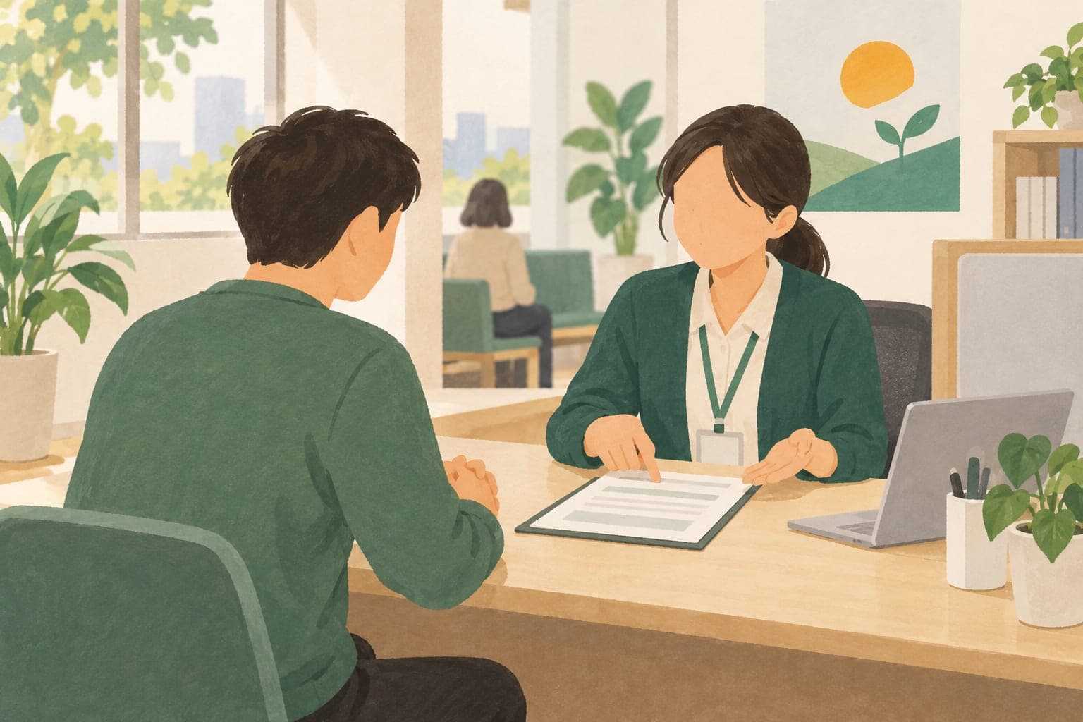 상담 창구에서 빚 정리 방법을 안내받는 사람
