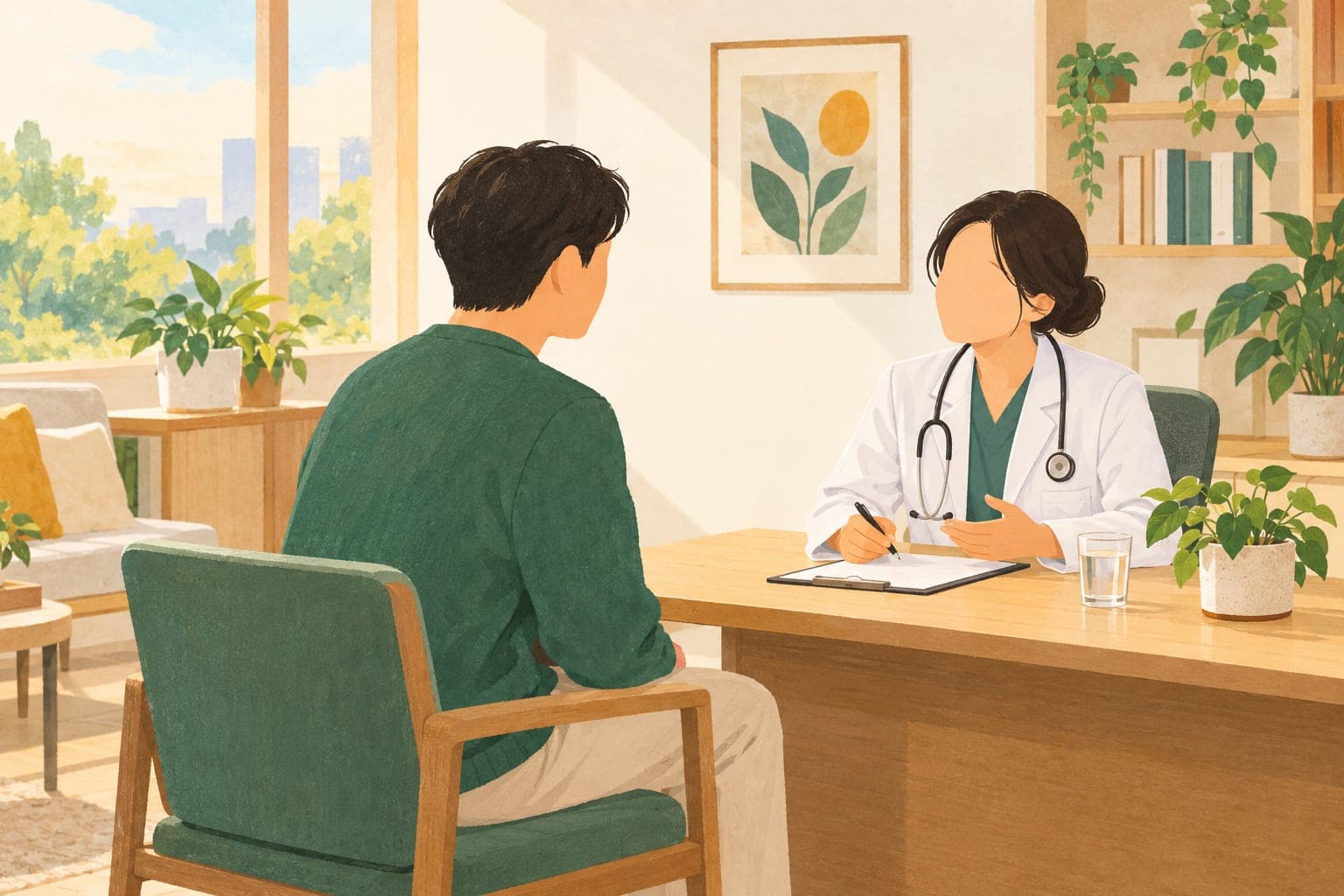 진료실에서 의사와 마주 앉아 편안하게 이야기하는 사람