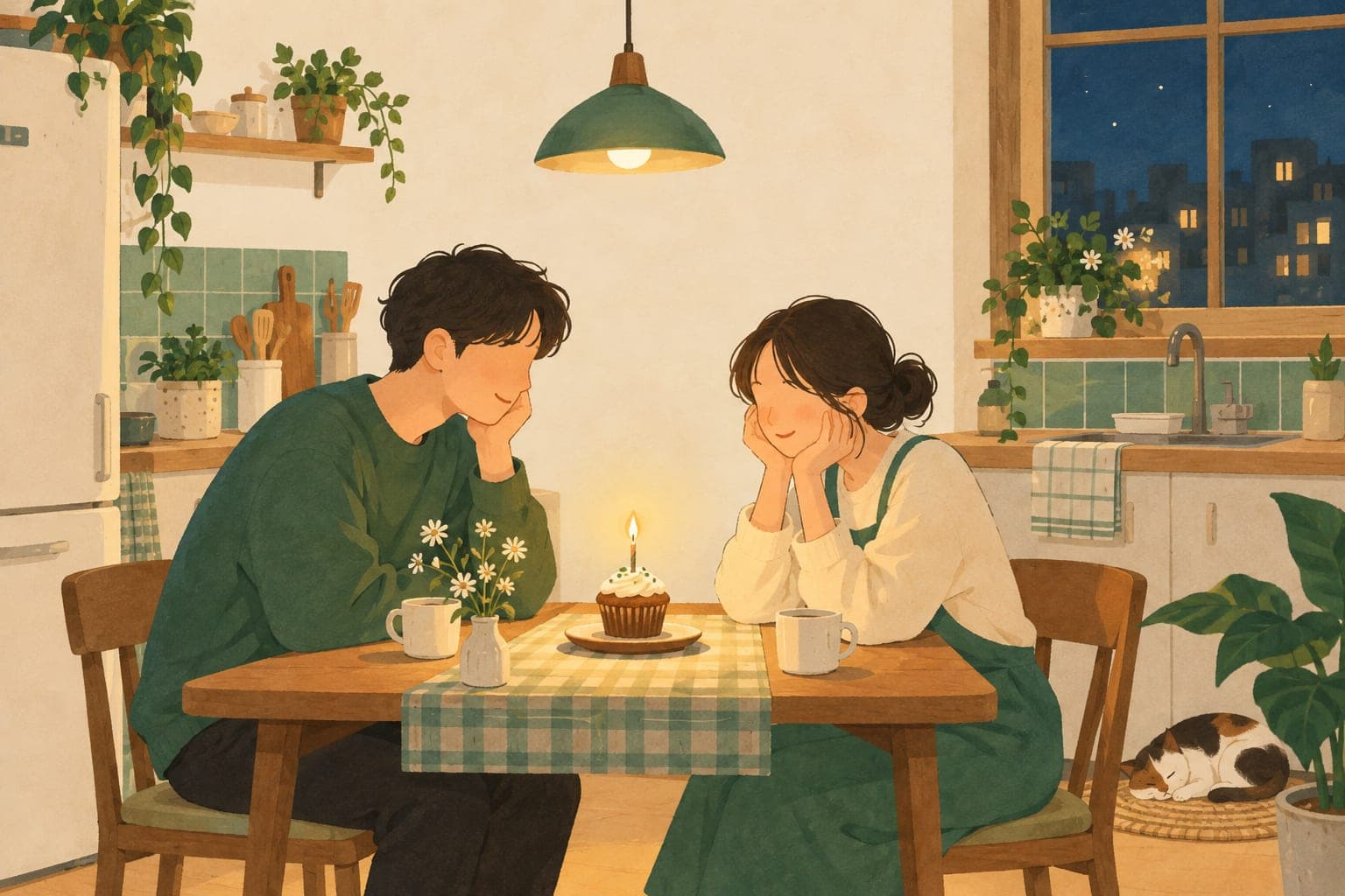 작은 케이크에 초 하나를 꽂고 조용히 축하하는 두 사람
