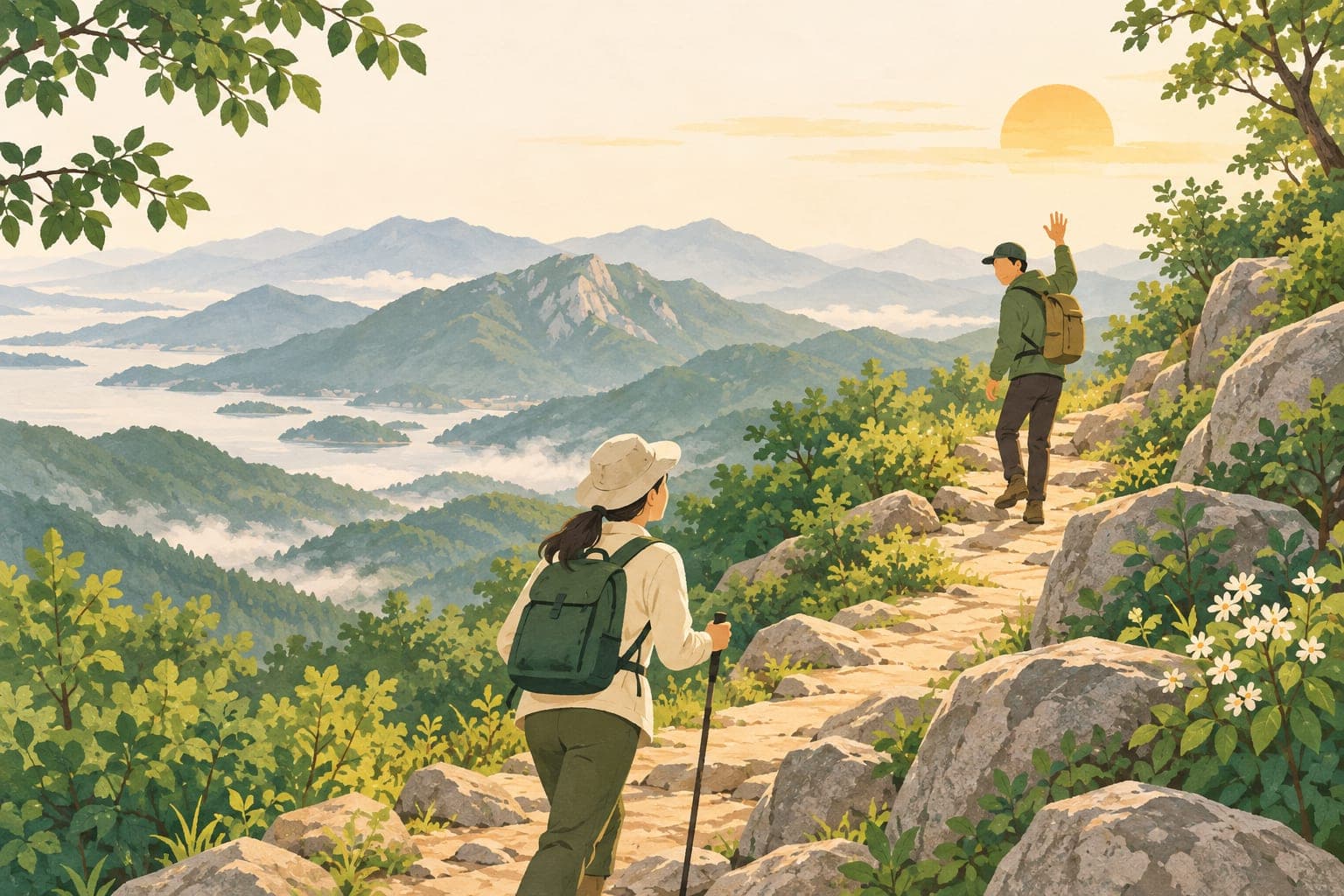먼저 걸어간 사람이 뒤따라오는 사람에게 손을 흔들어 주는 산길